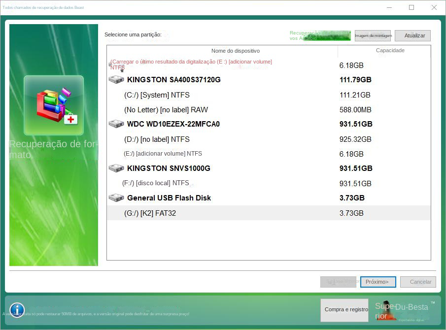 recuperação de formato selecione o dispositivo de destino