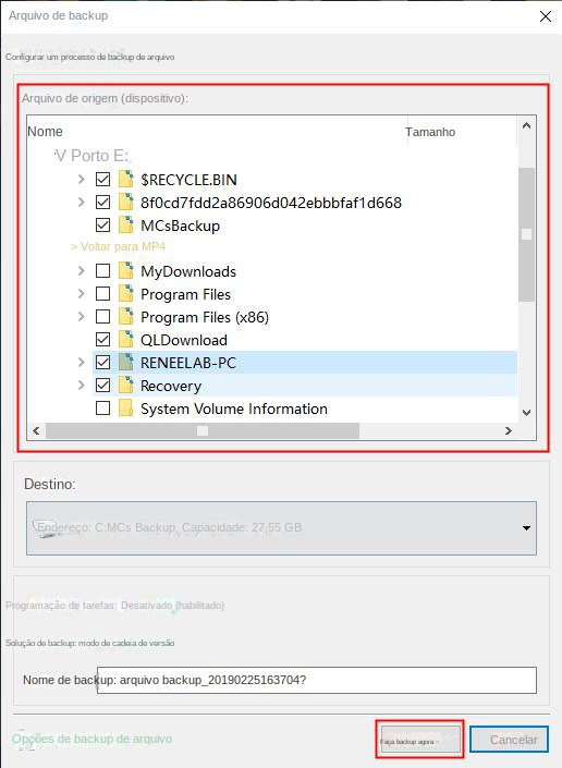 Selecione os arquivos para backup