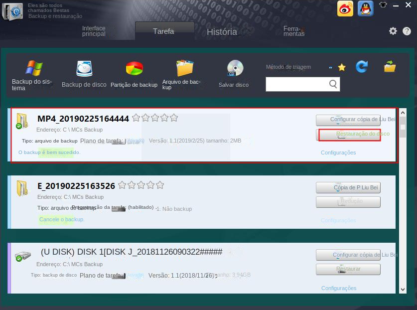 Progresso da tarefa de backup de arquivos