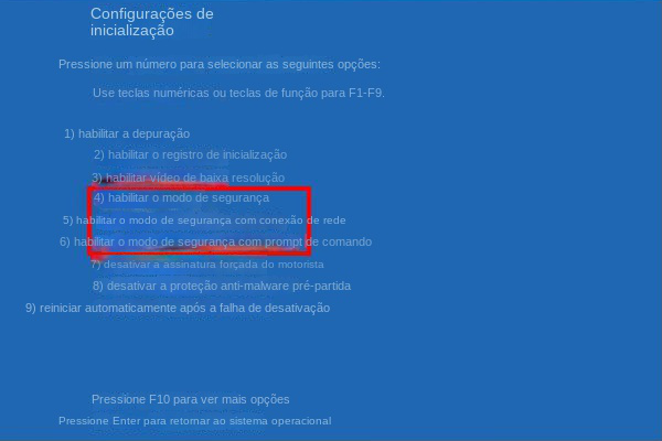 Escolha iniciar o modo de segurança com prompt de comando