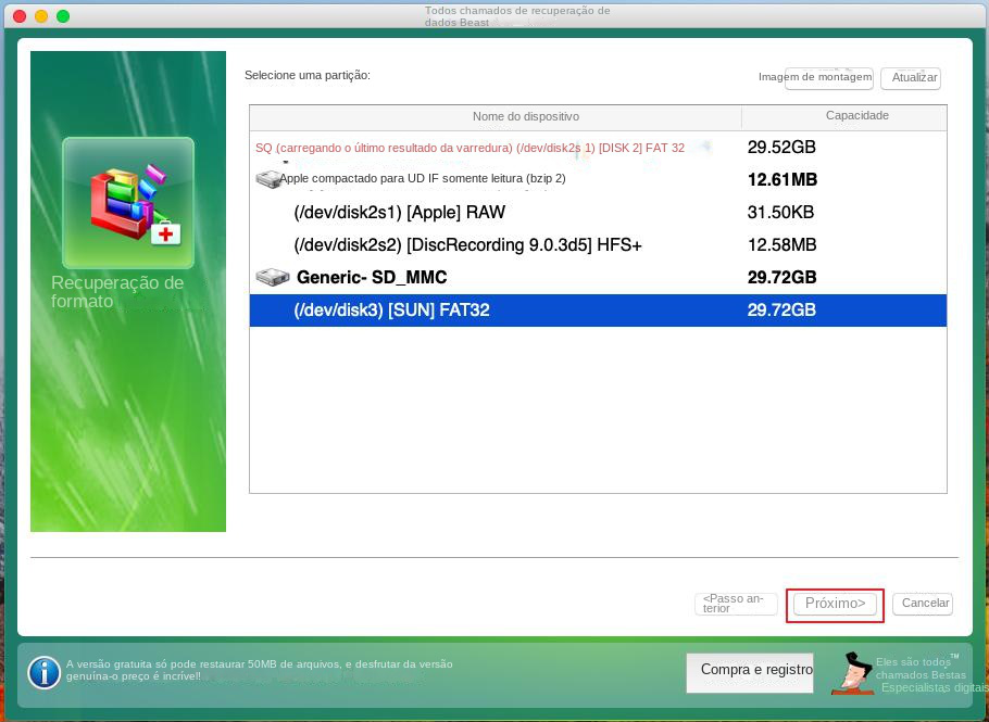 A recuperação formatada da versão Mac seleciona a partição a ser verificada
