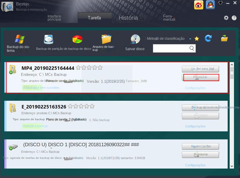 Verifique o progresso do backup do arquivo na barra de tarefas