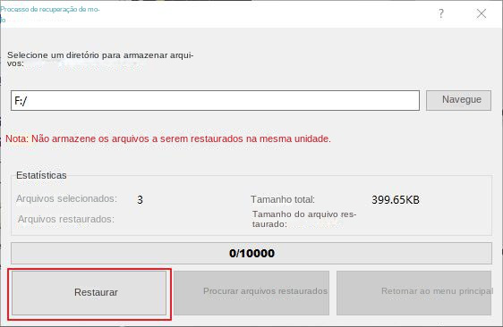 Selecione o local para restaurar os arquivos e clique em Recuperar