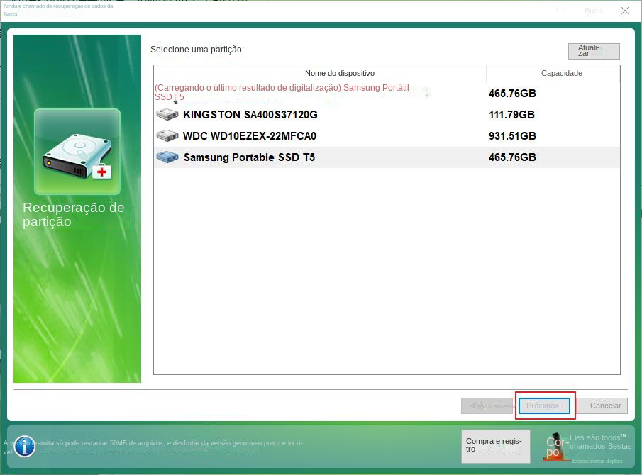 Selecione o dispositivo de destino para recuperação de partição