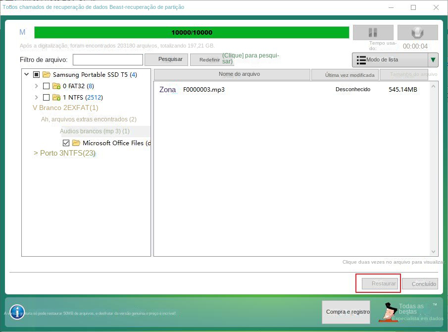Apresentação do resultado da verificação de recuperação de partição