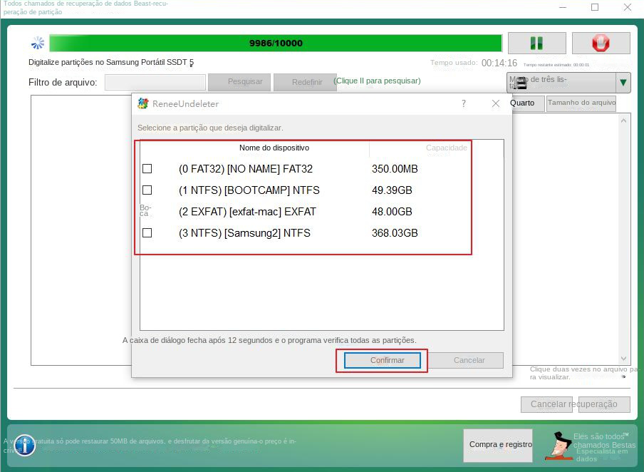 Selecione a partição apropriada para verificar