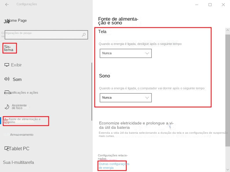 Configurações de energia e suspensão