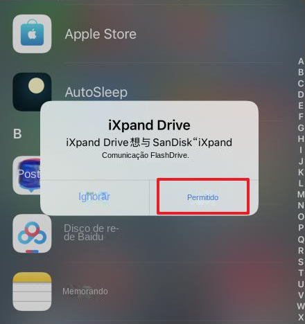 Permitir que o iXpand Drive se comunique com o SanDisk USB