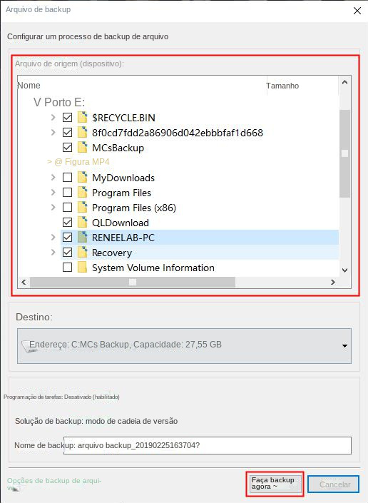 Selecione os arquivos para backup
