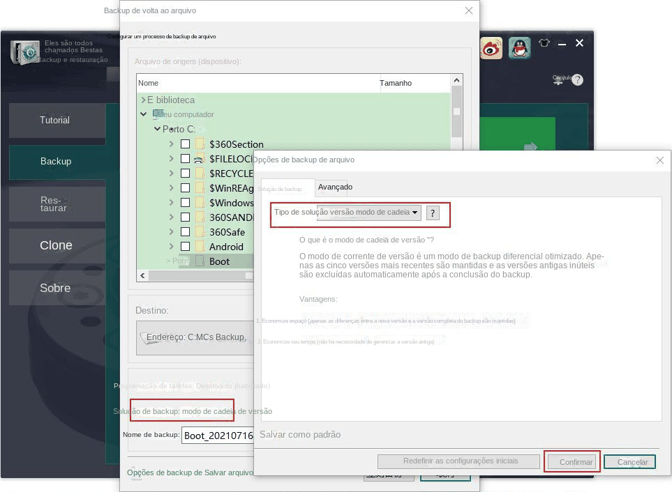 Backup de arquivo selecione modo de esquema de backup