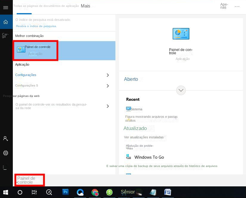 painel de controle aberto