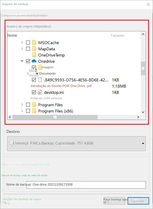 Selecione os arquivos para backup