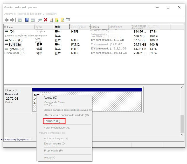 formato de gerenciamento de disco