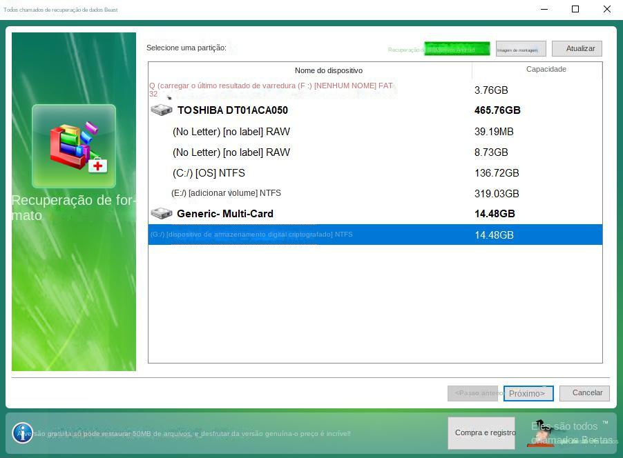 Recuperação de formato de partições selecionadas para verificar
