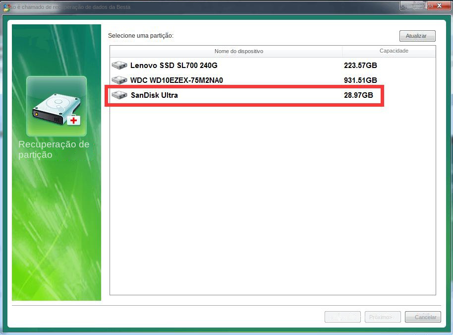 Selecione o dispositivo de destino para recuperação de partição