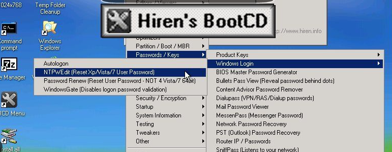 Ferramenta de renovação de senha no CD de inicialização Hiren