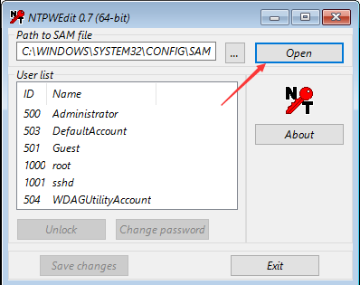 NTPWEdit selecionar partição do Windows