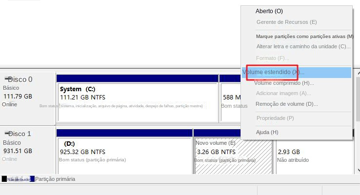 Volume estendido da partição NTFS