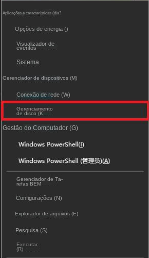 Selecione gerenciamento de disco