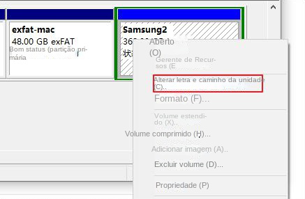 Selecione Alterar letra e caminho da unidade