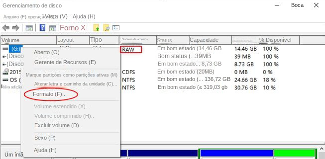 Gerenciamento de disco Formatação de disco RAW