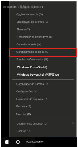 Clique em Gerenciamento de disco