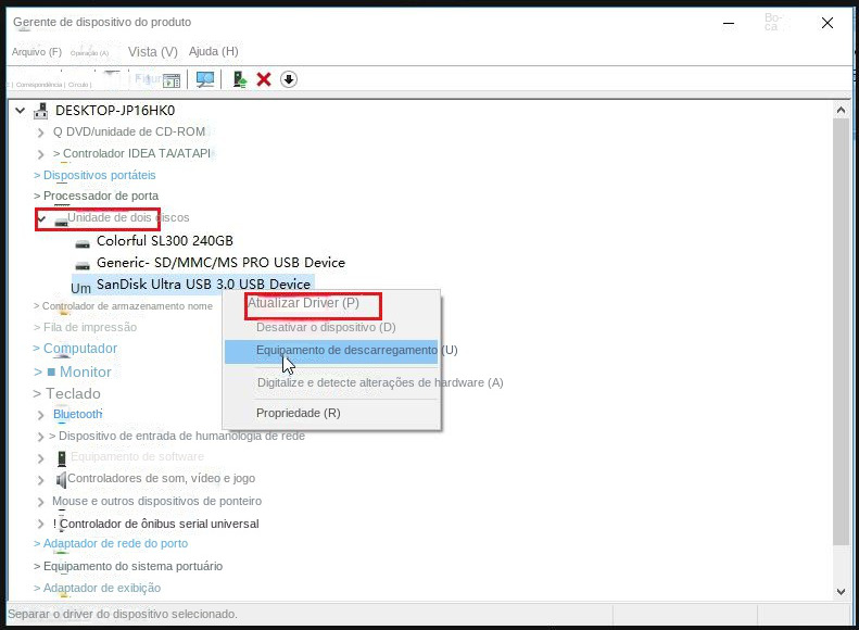 Selecione a opção de atualização da unidade