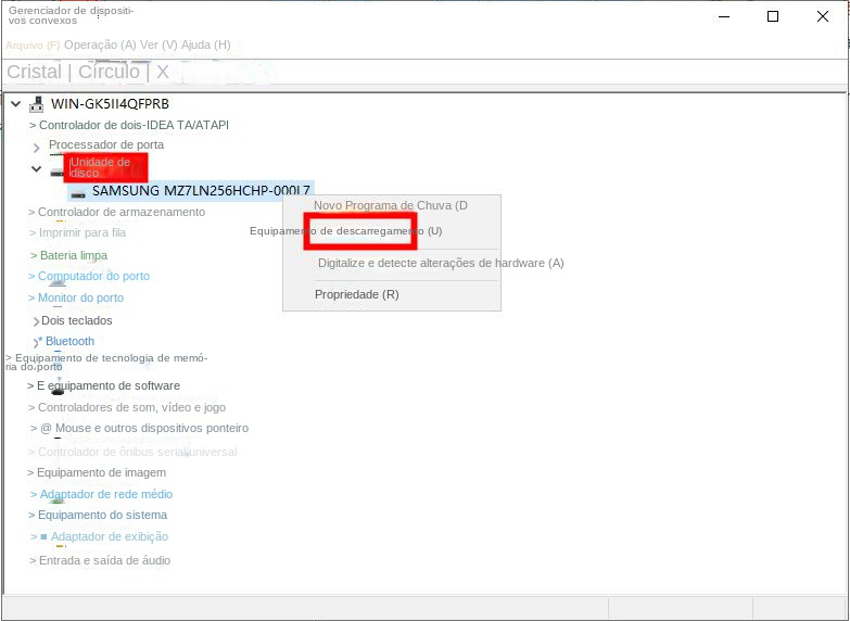 Opção de desinstalar dispositivo
