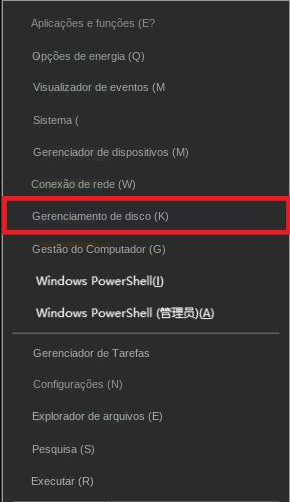 Opções de gerenciamento de disco