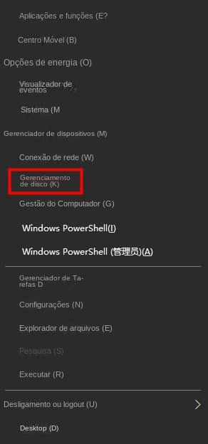 Opções de gerenciamento de disco