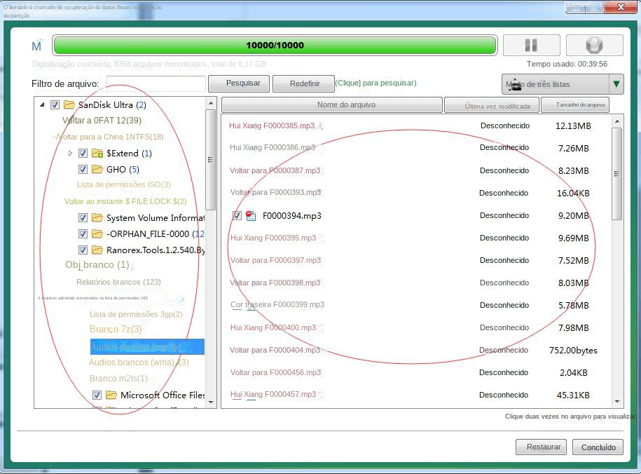 Os resultados da verificação de recuperação de partição são apresentados