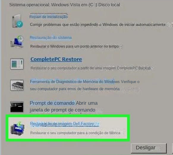 selecione Dell Factory Image Recovery