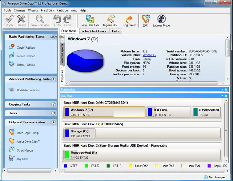 Interface de operação do software Paragon Drive Copy