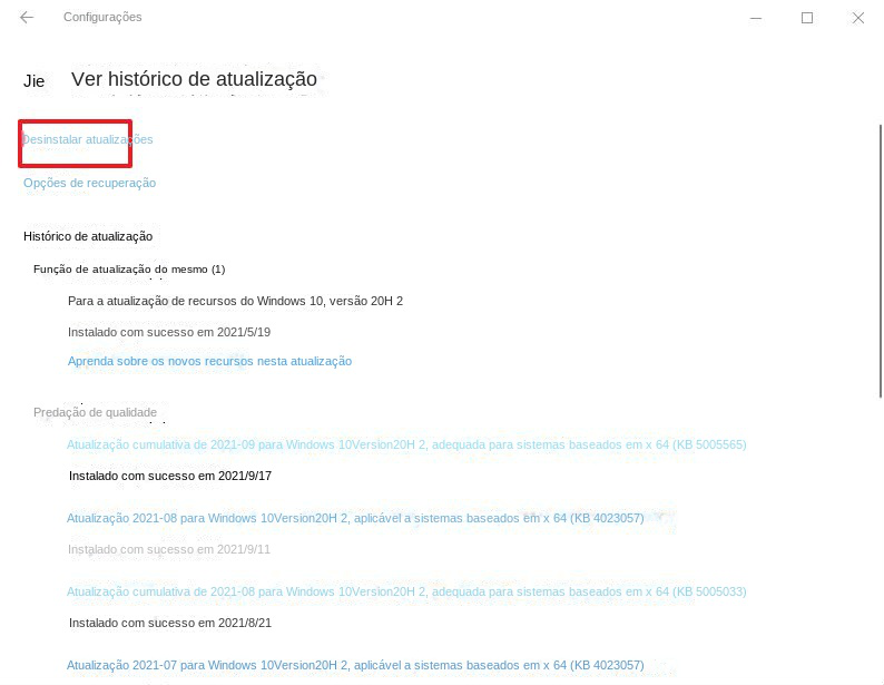 Clique para desinstalar atualizações