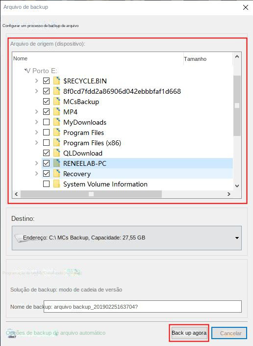 Selecione os arquivos para fazer backup