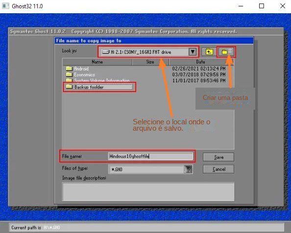 Selecione o local onde deseja salvar o arquivo de backup de imagem