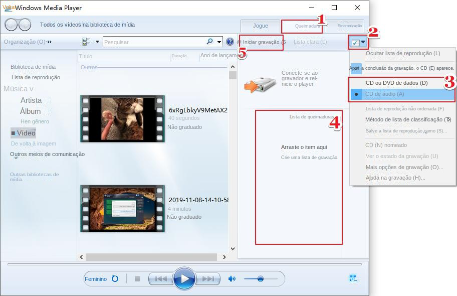 Opções de clique para gravar do Windows Media Player