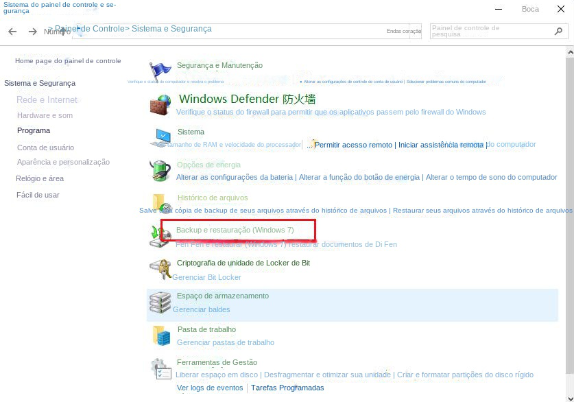 Clique para entrar na opção de backup e restauração