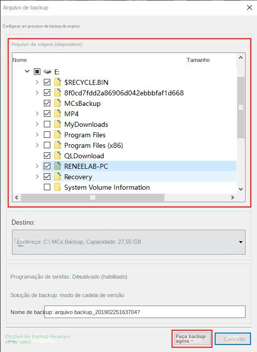 Selecione os arquivos para fazer backup