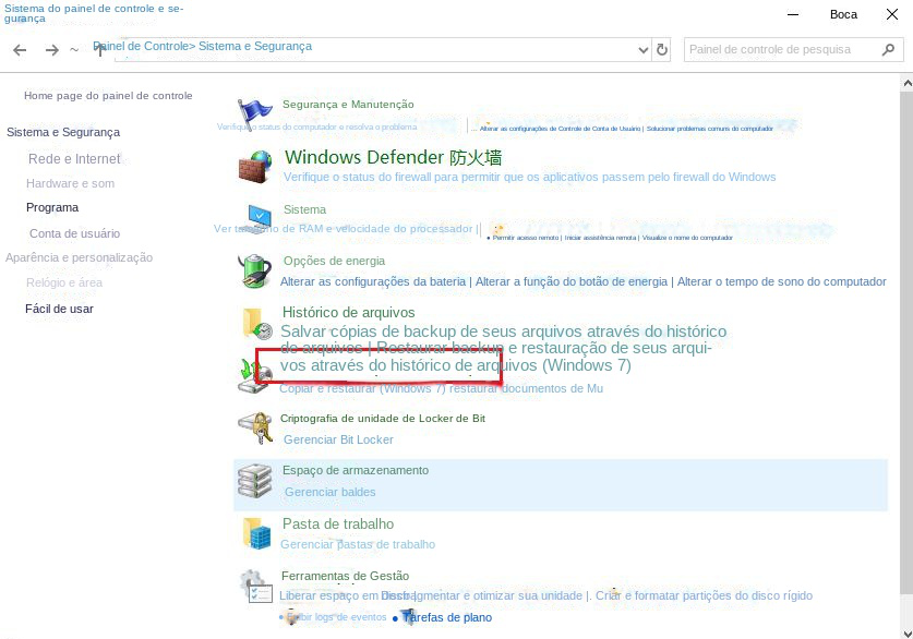 Clique para entrar na opção de backup e restauração
