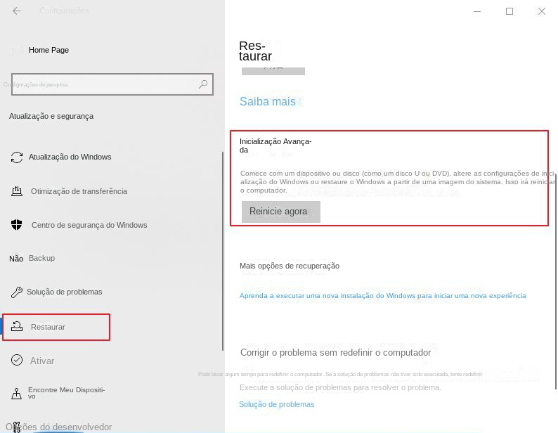 Inicialização avançada e reinicialização agora no menu de recuperação