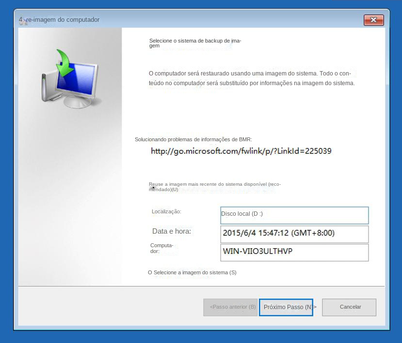 Faça uma nova imagem do seu computador Selecione o backup da imagem do sistema