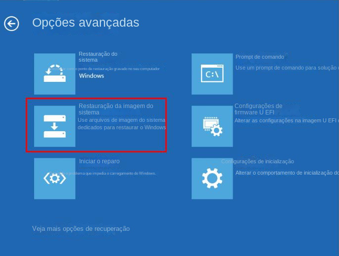 Recuperação de imagem do sistema em opções avançadas