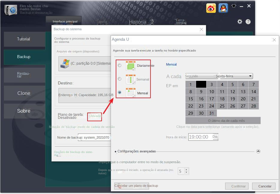 O backup do sistema ativa o backup automático