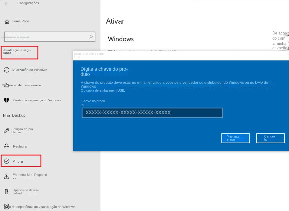Insira a chave do produto