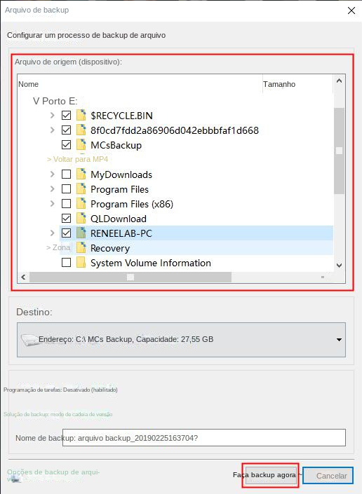 Selecione os arquivos para fazer backup