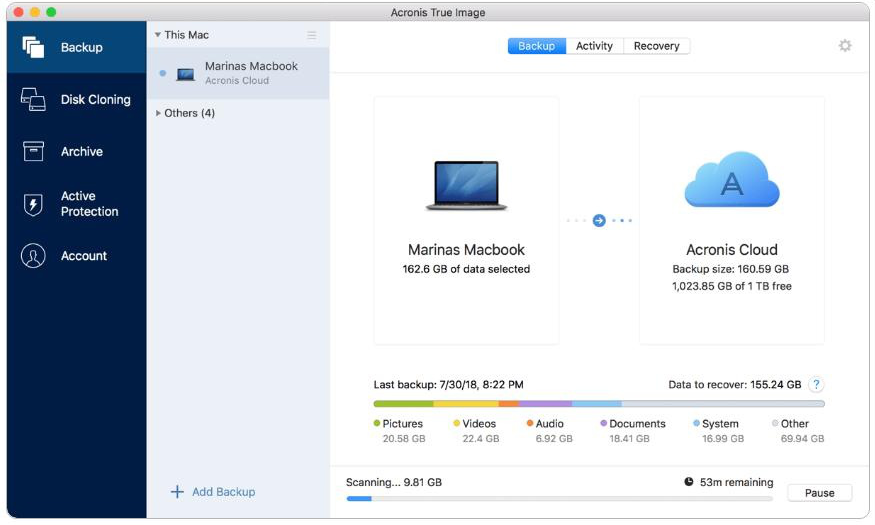 Interface de usuário do software Acronis True Image