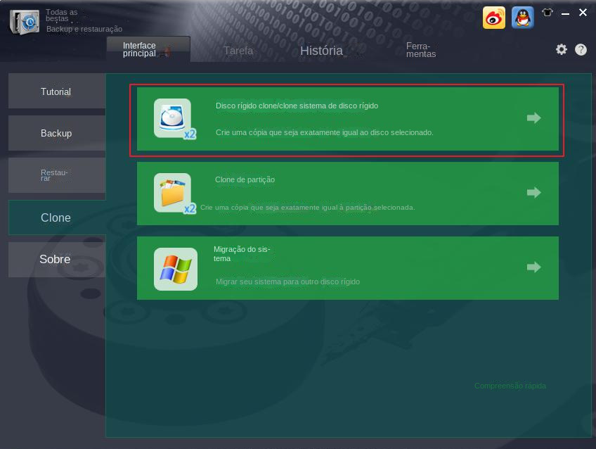 Selecione a opção Clonar disco rígido/Clonar disco rígido do sistema