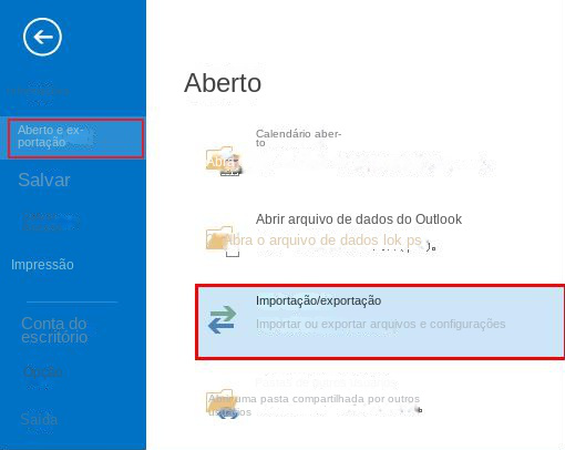 Opções de importação e exportação do Outlook