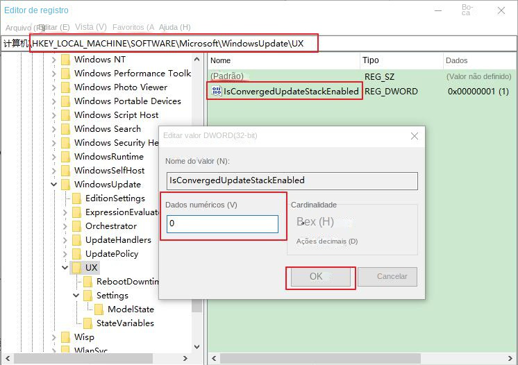Alterar o valor do registro IsConvergedUpdateStackEnabled